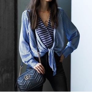 NWOT Blue Stripe Satin Tie Front Bodysuit S